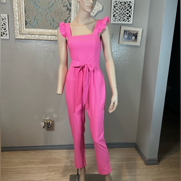 Lilly Pulitzer Pants - Lilly Pulitzer Women's Pink Ruffle-Shoulder Jumpsuit with Waist Tie